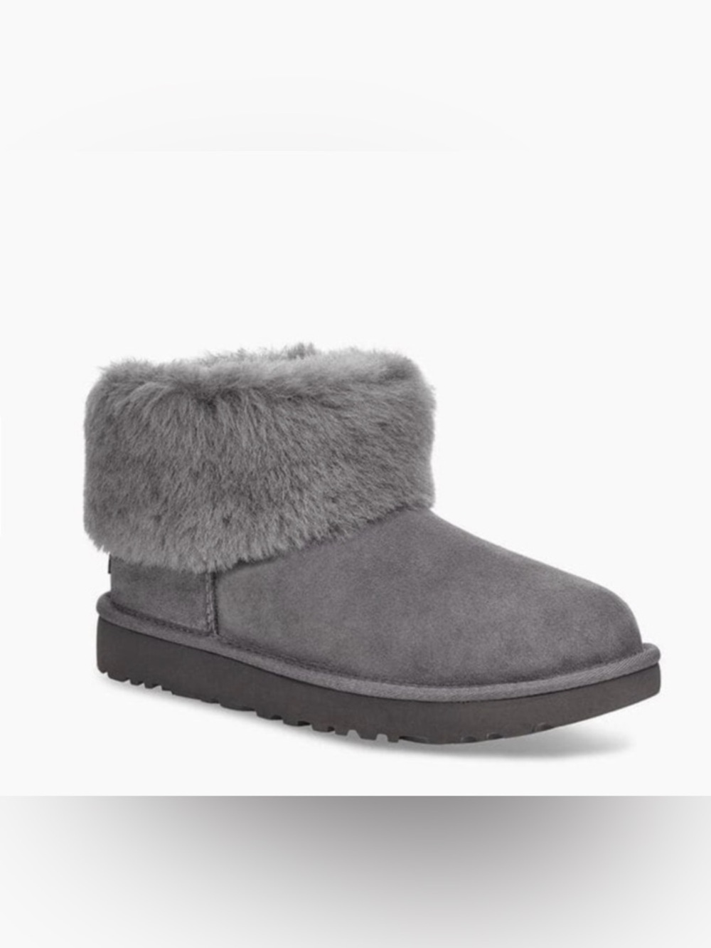 NEW UGG Classic Mini Gray Fluff Boots With Sheepskin Collar And Rope Detail